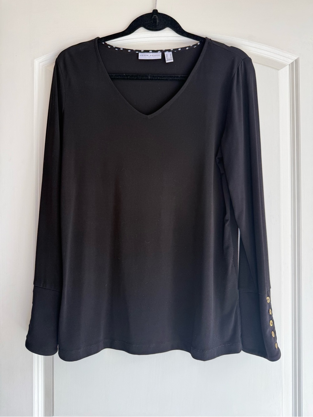 Susan Graver Black V-Neck Long Sleeve Top with Gold Buttons  two way wear sleeve